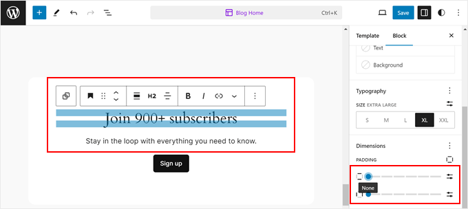 Anpassen des Abstands eines Blocks im Full-Site-Editor