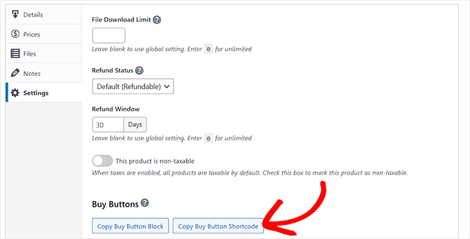 Copy the buy button shortcode in EDD