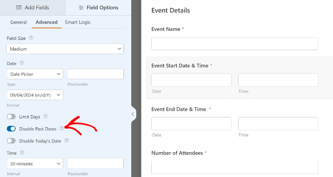 Disable past dates option Disable past dates option