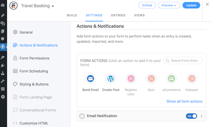 formidable-actions-notifications 予約フォームの通知設定。