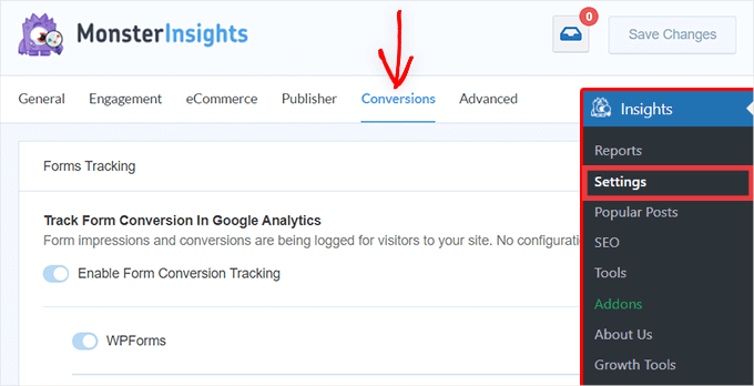 MonsterInsights settings - conversions tab MonsterInsights settings - conversions tab