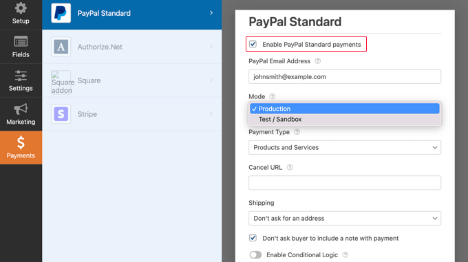 Check the Enable PayPal Standard Payments Box Check the Enable PayPal Standard Payments Box