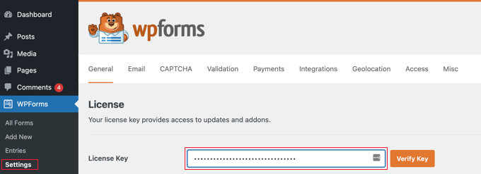 Enter Your WPForms License Key Enter Your WPForms License Key