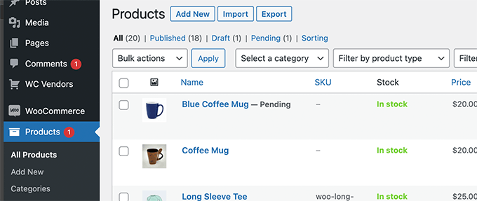 Pending products Pending products
