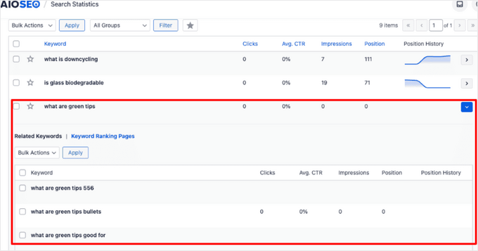 Descubrir palabras clave relacionadas en Estadísticas de búsqueda de AIOSEO Descubrir palabras clave relacionadas en Estadísticas de búsqueda de AIOSEO