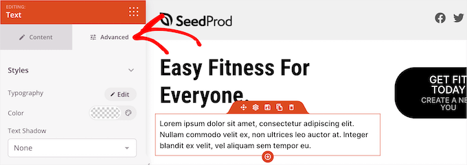 Erweiterten Tab im SeedProd Builder klicken