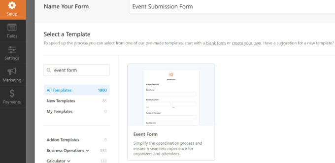 Select event form template Select event form template
