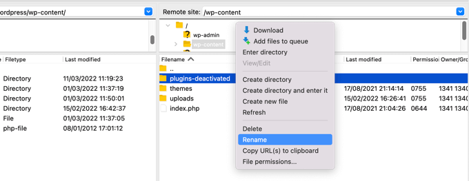 Using FTP to Rename the Plugins Folder Using FTP to Rename the Plugins Folder