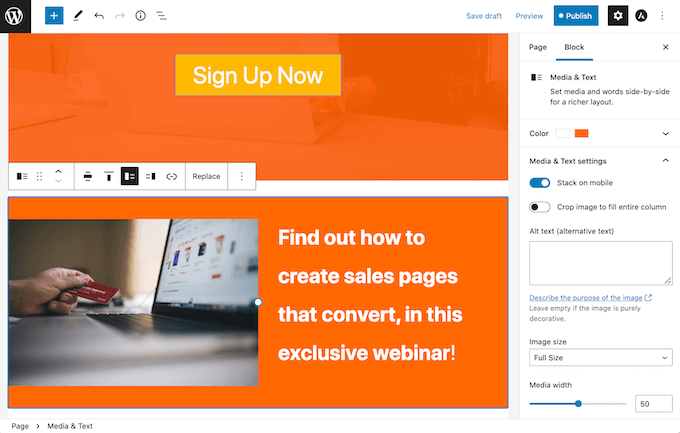 wordpress-media-text WordPress' Media & Text bock.