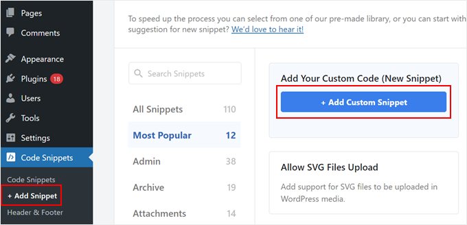 Adding a new custom code snippet in WPCode Adding a new custom code snippet in WPCode
