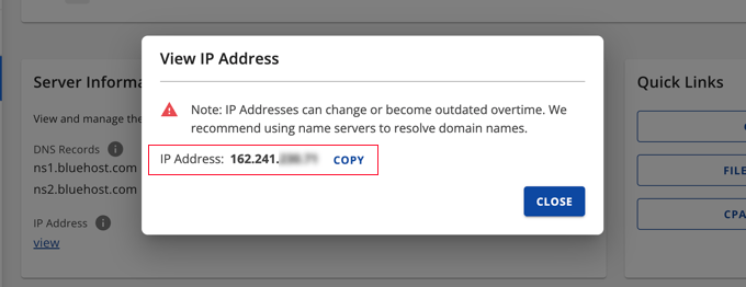 BluehostでウェブサイトのIPアドレスを表示およびコピーする