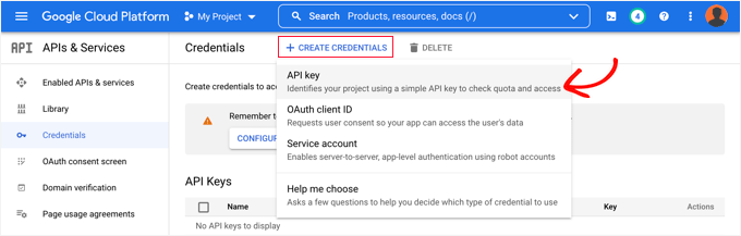 Click the ‘+ Create Credentials’ Button