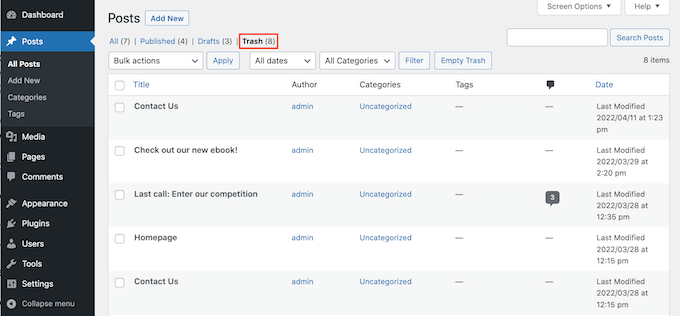 Tab-ul „Coș de gunoi” din WordPress Tab-ul „Coș de gunoi” din WordPress
