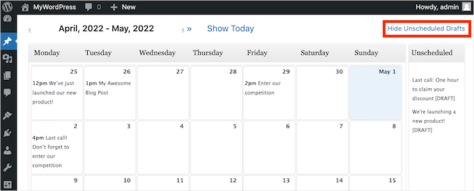 Länken Visa/dölj oplanerade utkast, i WordPress-instrumentpanelen