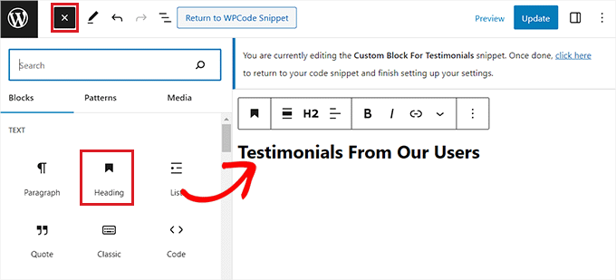 Add heading block for the testimonials block Add heading block for the testimonials block