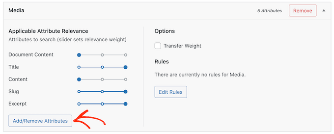 The SearchWP Add/Remove attributes button The SearchWP Add/Remove attributes button