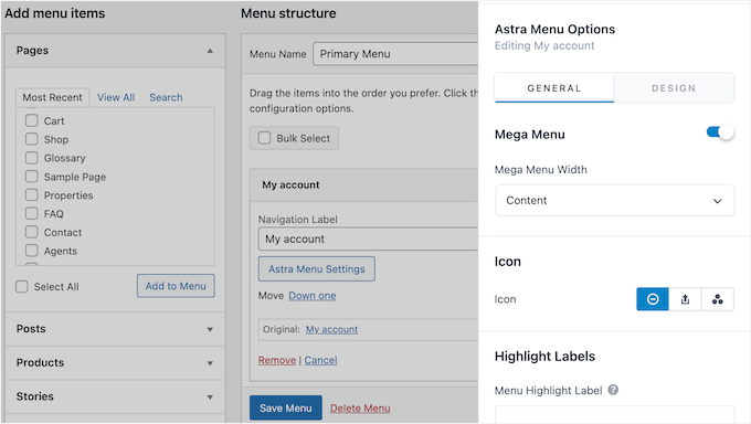 Astra's mega menu settings