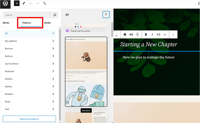 Block patterns in post editor Block patterns in post editor