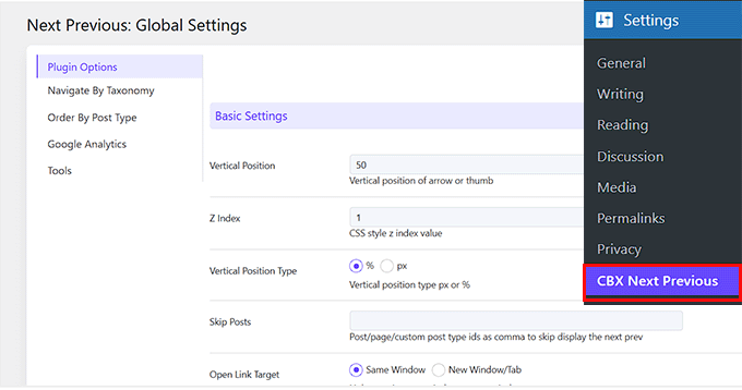 Configuración del plugin de enlaces de siguiente y anterior