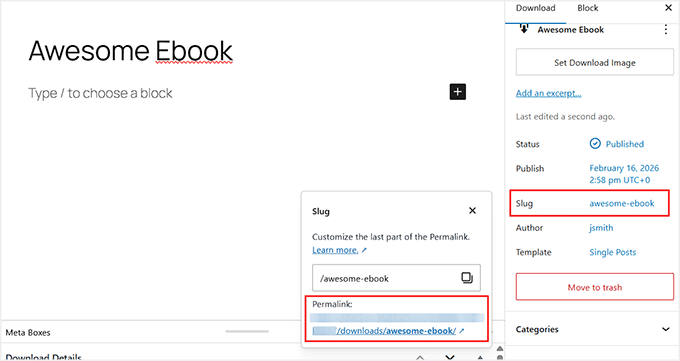The product URL for a digital download