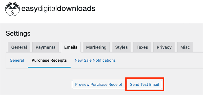 O botão Enviar E-mail de Teste