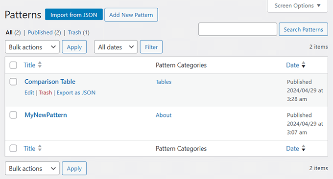 List view to manage all your patterns List view to manage all your patterns