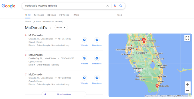 Multiple location map preview on Google Multiple location map preview on Google showing McDonald's locations with addresses and map