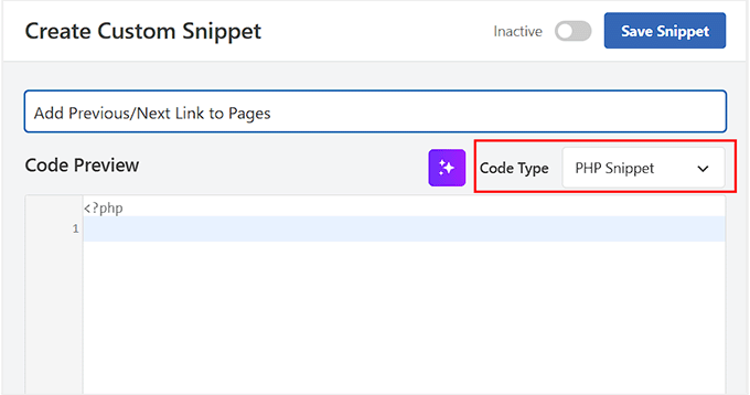 Elige Fragmento PHP como tipo de código
