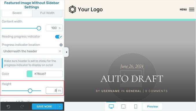 Ändra höjden på läsprogressbaren med Thrive Theme Builder
