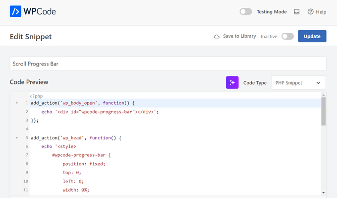WPCode lägger automatiskt till koden för läsförloppsindikatorn
