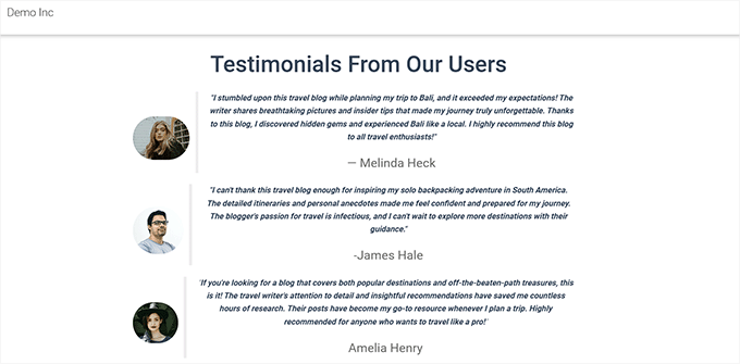Testimonials block preview Testimonials block preview