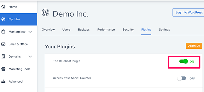 Turn on Bluehost plugin Turn on Bluehost plugin