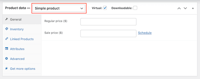 WooCommerce's Product Data settings WooCommerce's Product Data settings