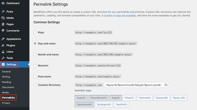 WordPress' permalink settings WordPress' permalink settings
