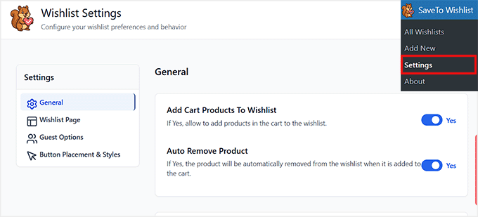 Configure General settings for SaveTo Wishlist plugin