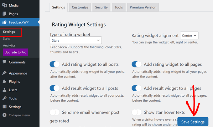 FeedbackWP's plugin settings FeedbackWP's plugin settings