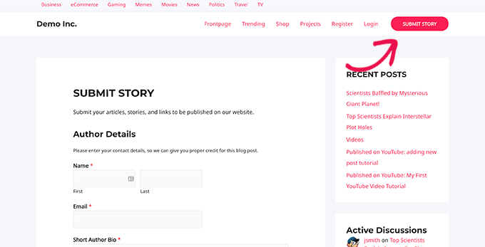 Submit story page Submit story page