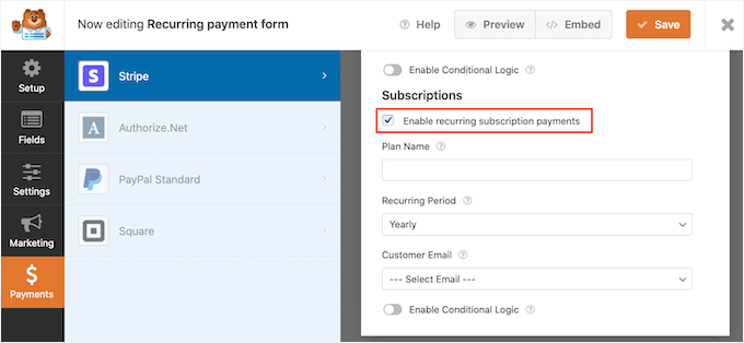 Enable recurring payments