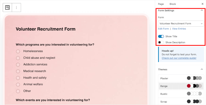 Customizing the form settings in block editor