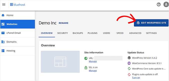 Haz clic en el botón Editar sitio de WordPress para ser dirigido al panel de tu sitio web Haz clic en el botón Editar sitio de WordPress para ser dirigido al panel de tu sitio web