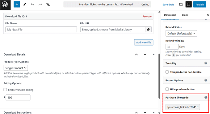 An example purchase shortcode