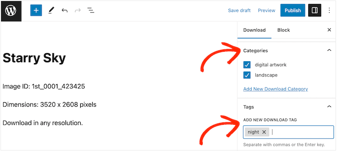 Adding categories and tags to digital art or graphic files