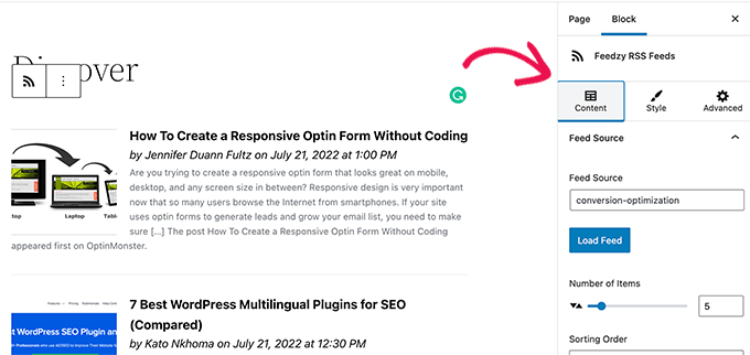 Feedzy feeds block settings Feedzy feeds block settings