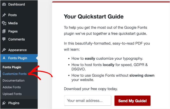 Fonts Plugin's customize fonts menu item Fonts Plugin's customize fonts menu item