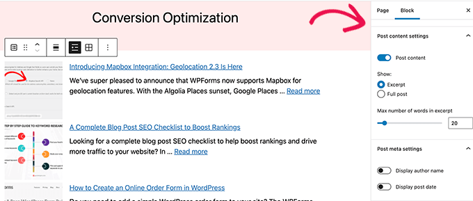 Latest Posts block settings Latest Posts block settings