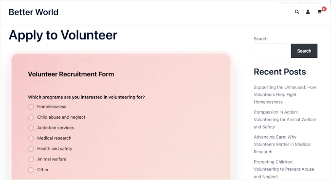 Volunteer application form on a live WordPress site