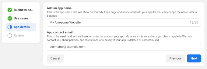 Ajouter les détails de la nouvelle application