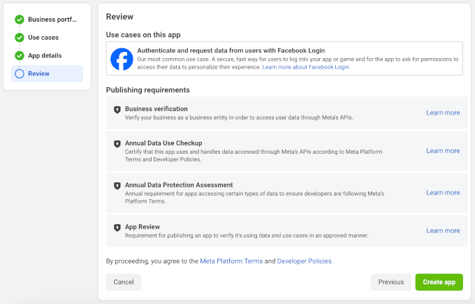 La page d'examen dans Meta pour les développeurs