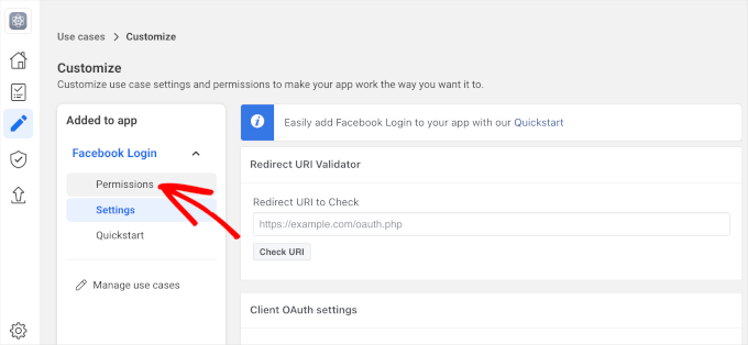 Section des autorisations dans Meta for Developers