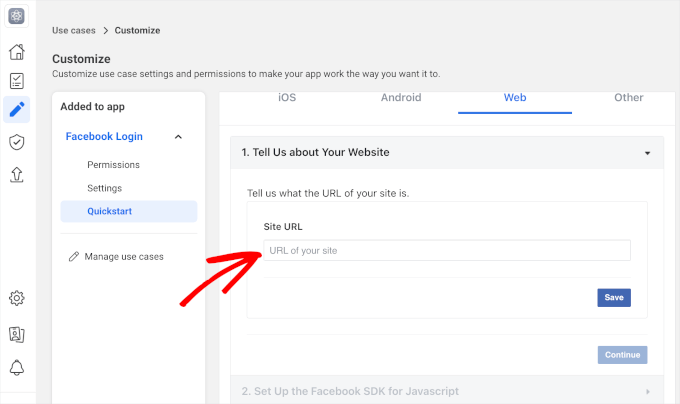 Ajouter l'URL du site dans Meta pour les développeurs